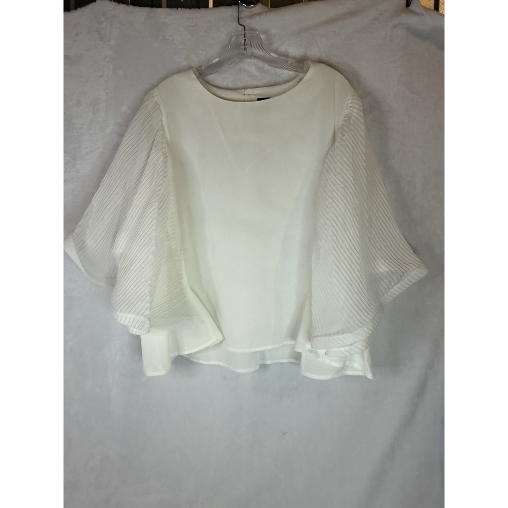 Double Heart White Blouse 3X Pleated Cape Sleeve Cuffed Layered Hem Top